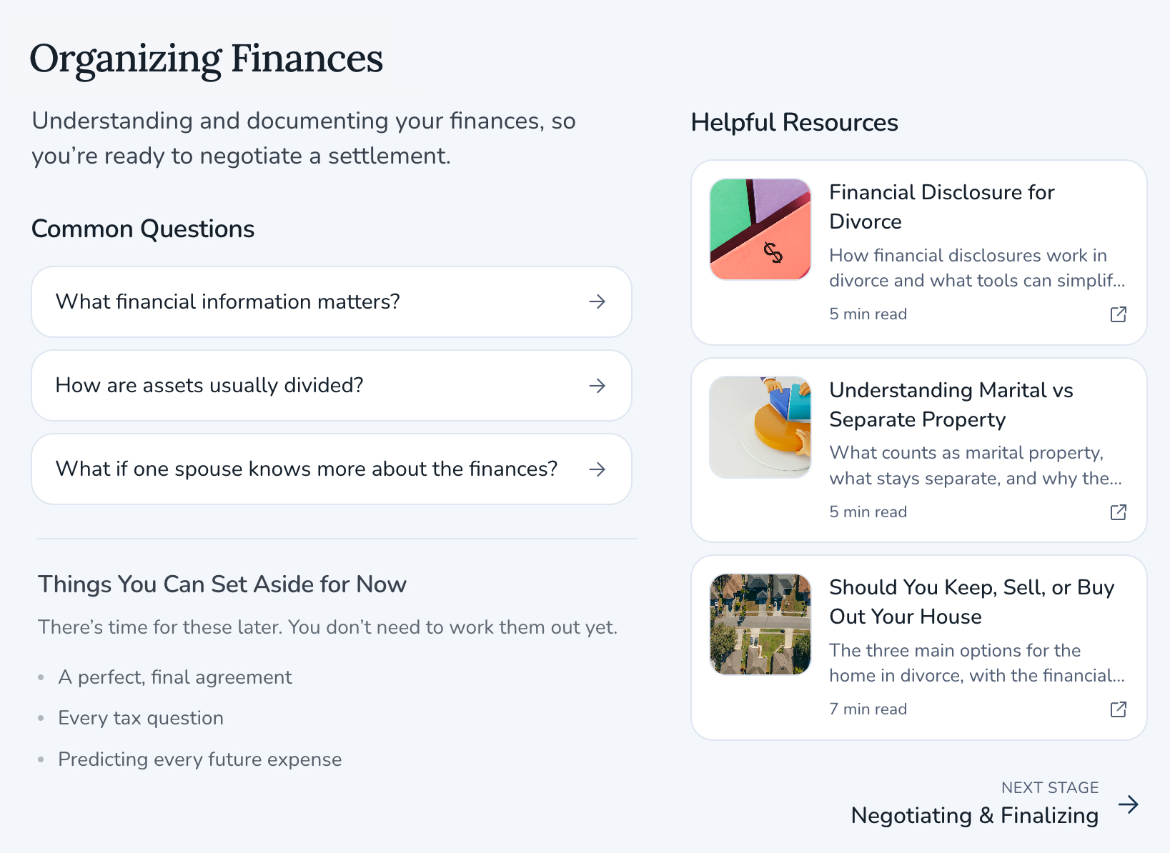 An Onward stage detail view for Organizing Finances, showing common questions and helpful resources.